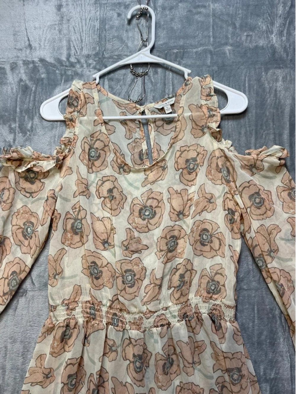 Lucky Brand Women's Floral Cold Shoulder Midi Dress Beige Long Sleeve Large - Picture 3 of 8